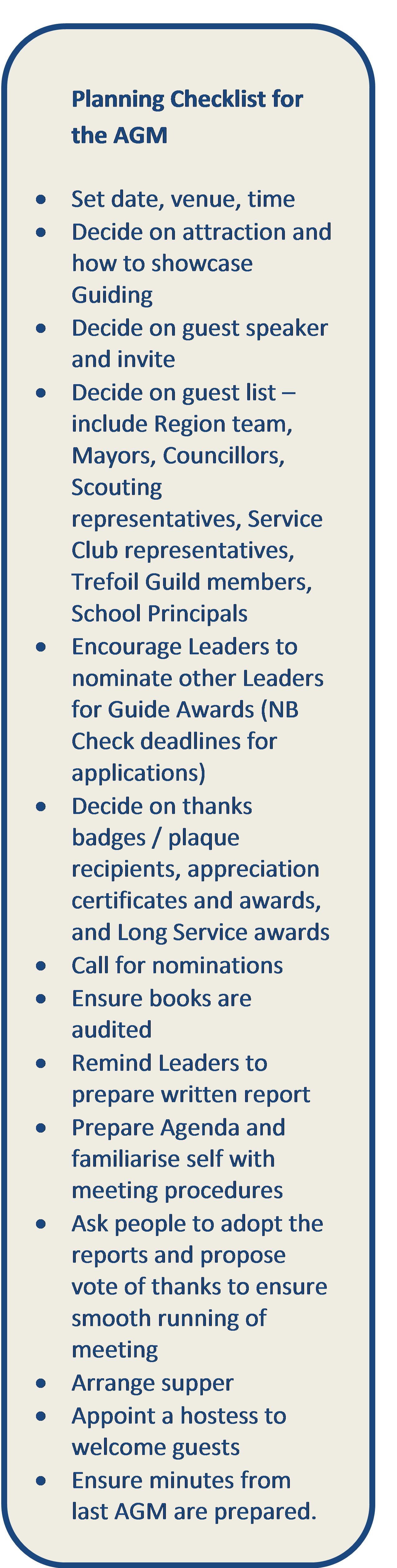 AGM Planning Checklist Guide Lines For Girl Guides and Girl Guide Volunteers